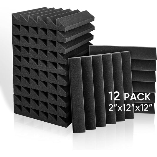 12 Pack Soundproofing Foam Sound Deadening Decorative 12" x 12" x 2" Tile Panels for Walls Ceiling Home Studio (Black)