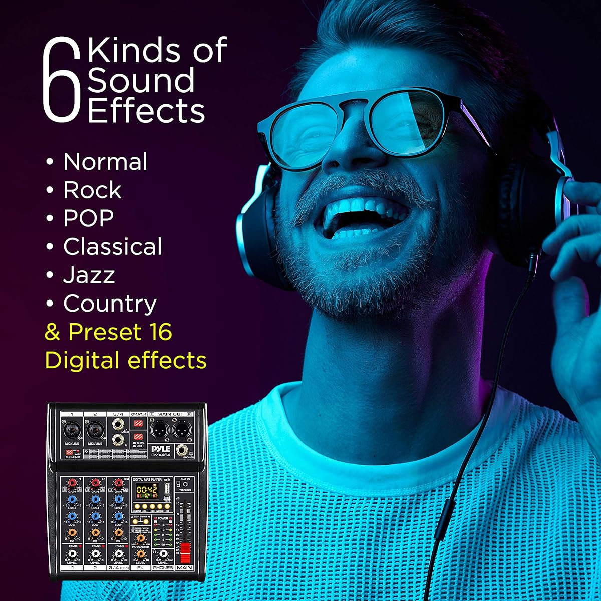 Pyle Professional DJ Audio Mixer Controller - 4 Channel DJ Controller Sound Mixer DSP with 16 Preset Effects USB Interface 2 XLR Mic/Line Inputs AUX FX Processor MP3 Player Headphone Jack PMX464