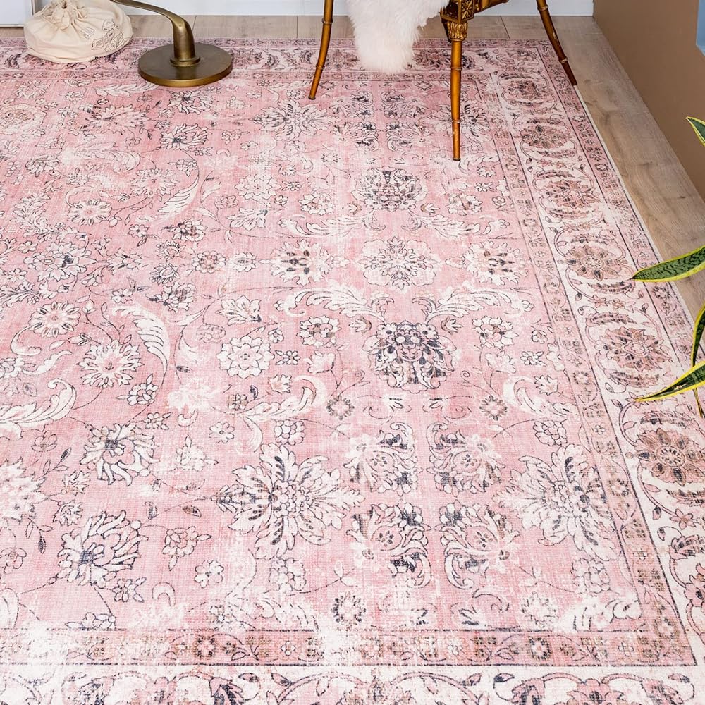 u-living Carpet 3 Tatami Persian Carpet Style Rug Washable 200X250CM Floral Pattern All Seasons Lightweight Pink Anti-slip Dust Mite Resistant Odor Resistant Compatible with Floor Heating