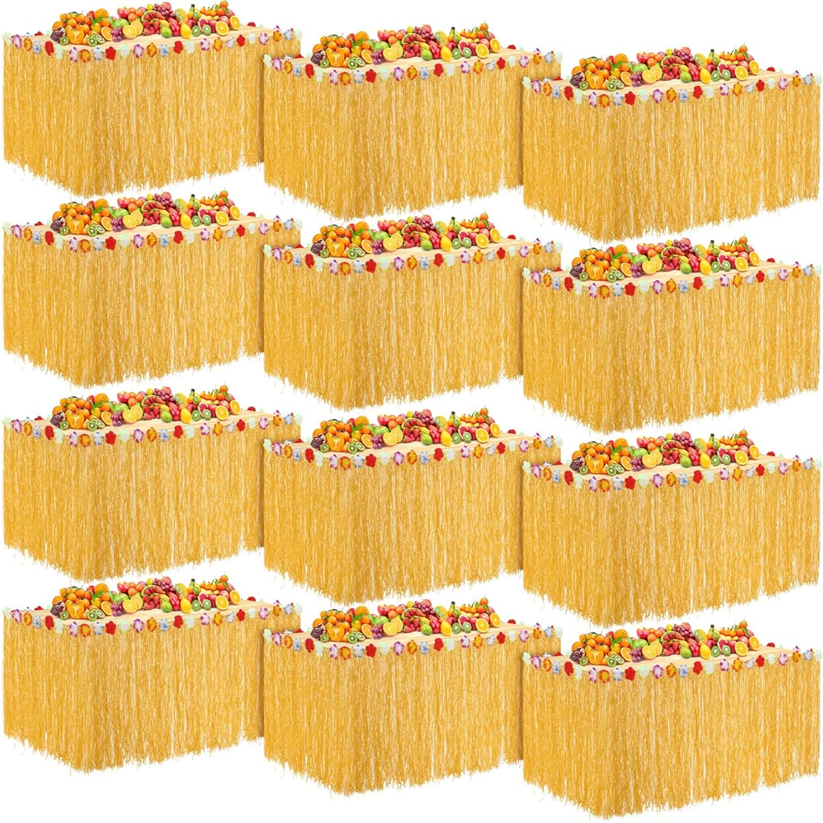 12 Pieces Luau Glass Table Skirt 9' x 30'' Grass Skirt Hawaiian Table Skirt Yellow Faux Hibiscus Flower Luau Party Event Birthday