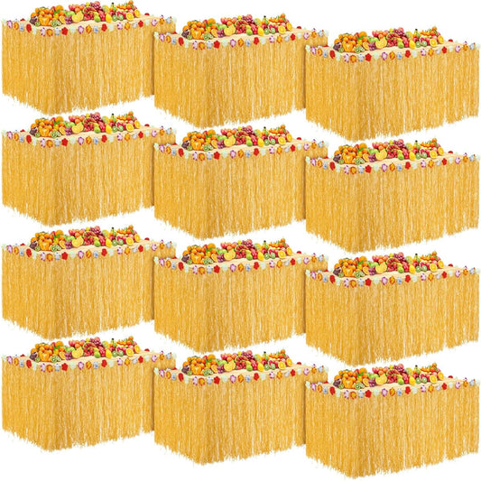 12 Pieces Luau Glass Table Skirt 9' x 30'' Grass Skirt Hawaiian Table Skirt Yellow Faux Hibiscus Flower Luau Party Event Birthday