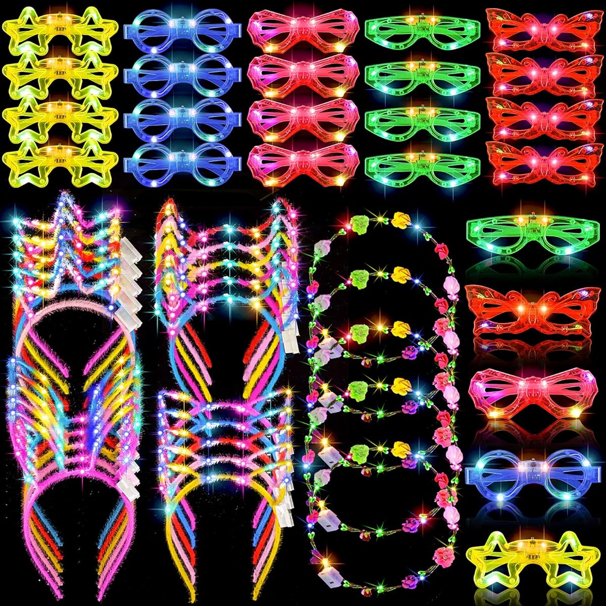Glow in the Dark Party Supplies Set, 50pcs LED Light Up Glasses for Kids, Neon Party Favors, 5pcs Luminous Flower Crown Headbands, Cat Bunny Ear Crown, Horn Headband, 20pcs Headbands for Festival Accessories