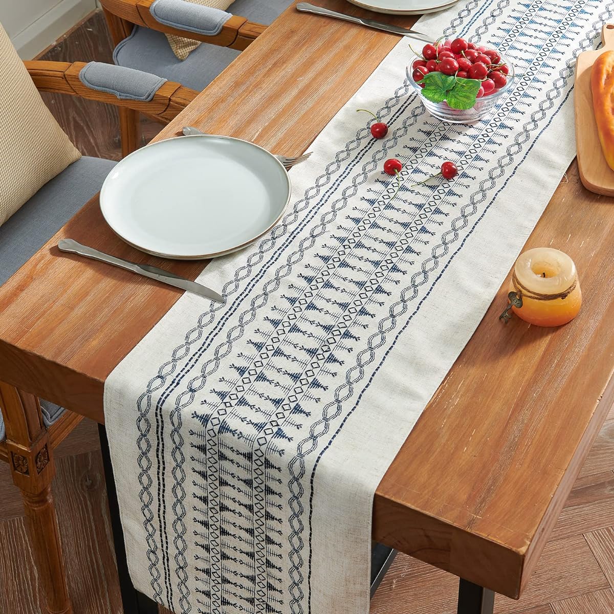 JINCHAN Embroidered Table Runner Farmhouse Linen Table Runner Floral Table Runner 72" Long Decorative Elegance Coffee Table Runner for Dresser Dining Room 1 Panel 16x72" Beige