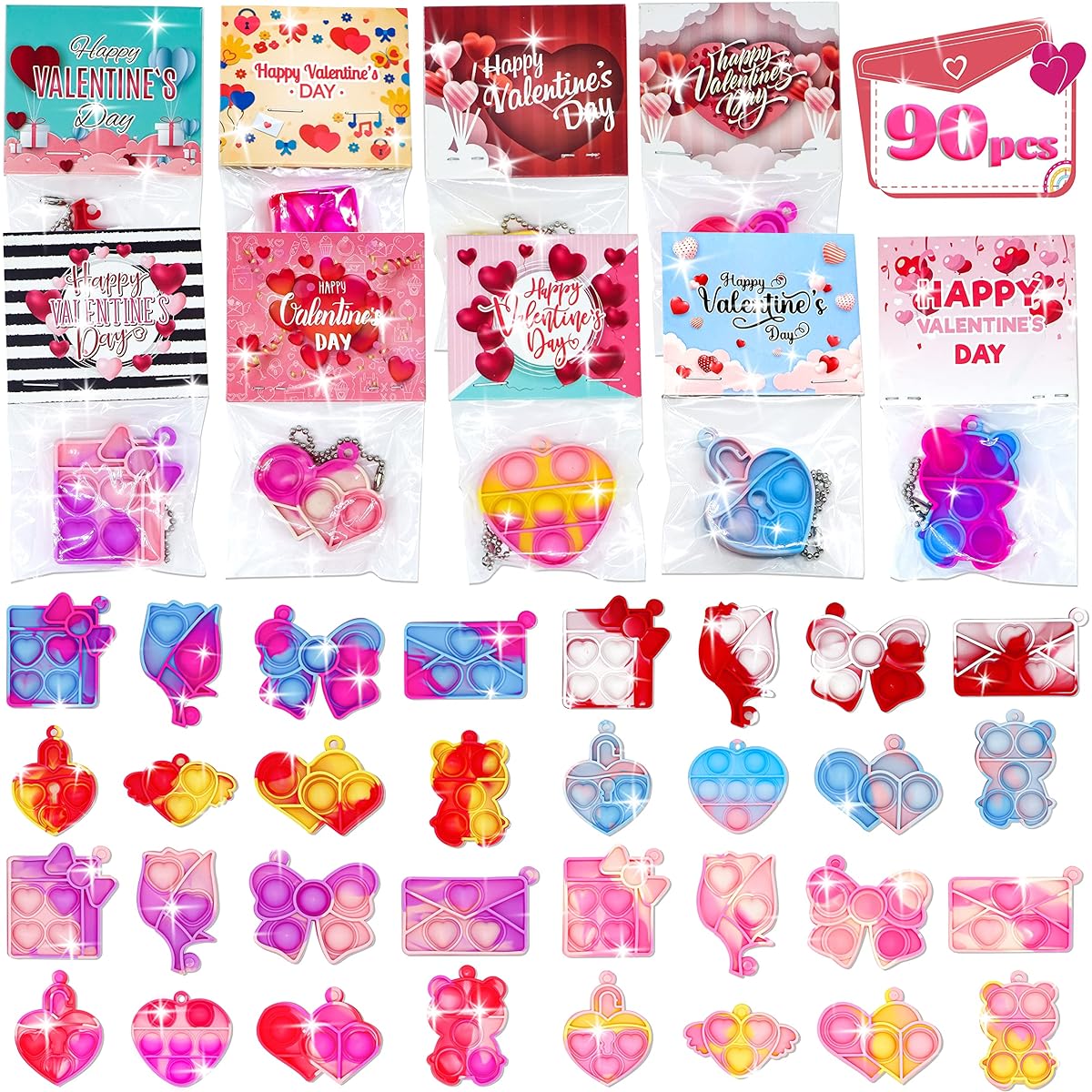 90 Prefilled Valentine Cards with Pop Fidget Toys, Bulk Valentine's Day Gifts, Valentine Exchange Gifts for Kids, Classroom/School Party Favors, Mini Pop Keychains, Valentine's Day Prize Toys