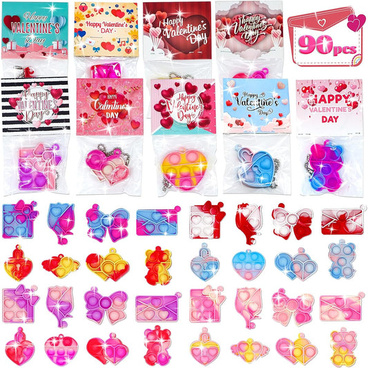 90 Prefilled Valentine Cards with Pop Fidget Toys, Bulk Valentine's Day Gifts, Valentine Exchange Gifts for Kids, Classroom/School Party Favors, Mini Pop Keychains, Valentine's Day Prize Toys