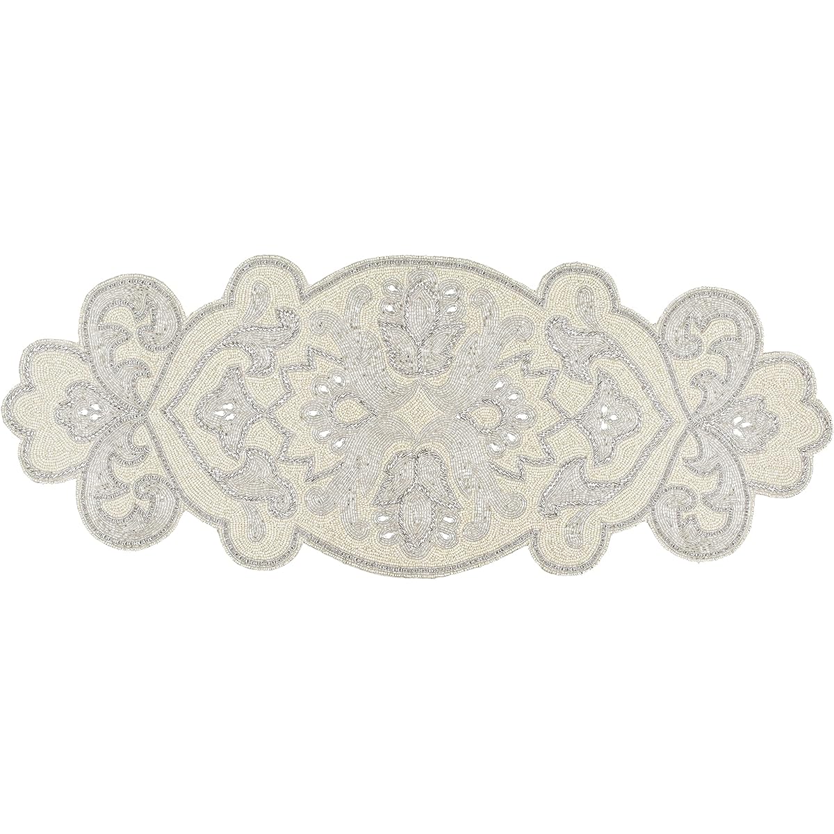 Homebia Designs Hand Beaded Decorative Farmhouse Glitz Table Runner for Wedding, Thanksgiving, and Christmas Party Decorations - Beautifully Complements Your Dinner Table Decor - 13x36 Inches - Silver Ivory