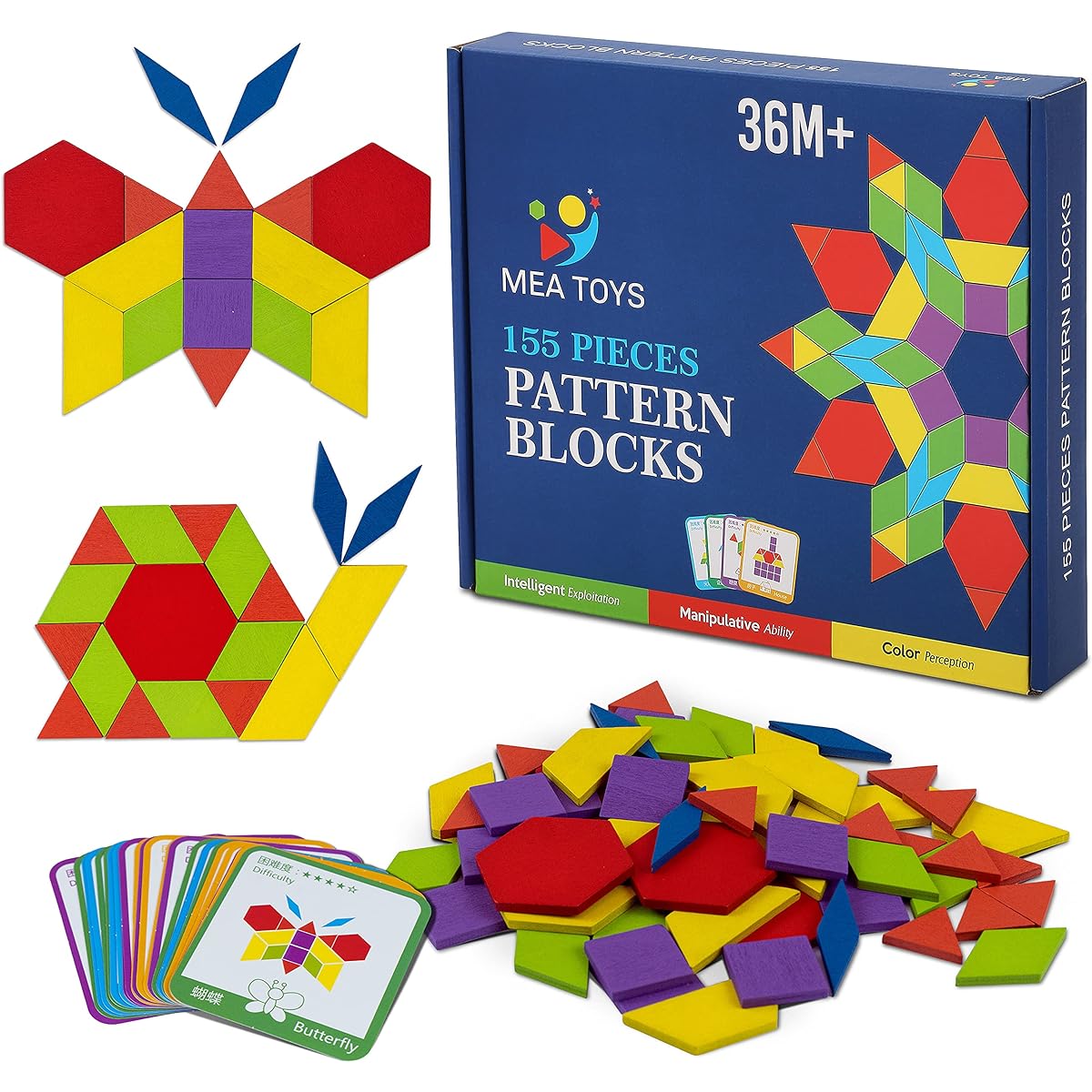 MEA TOYS 155 Wooden Pattern Blocks with 24 Design Cards - Toys for Kids Ages 3 to 8, Thick Multicolor Tangrams, Geometric Shape Puzzles, Learning for Kindergarten Kids
