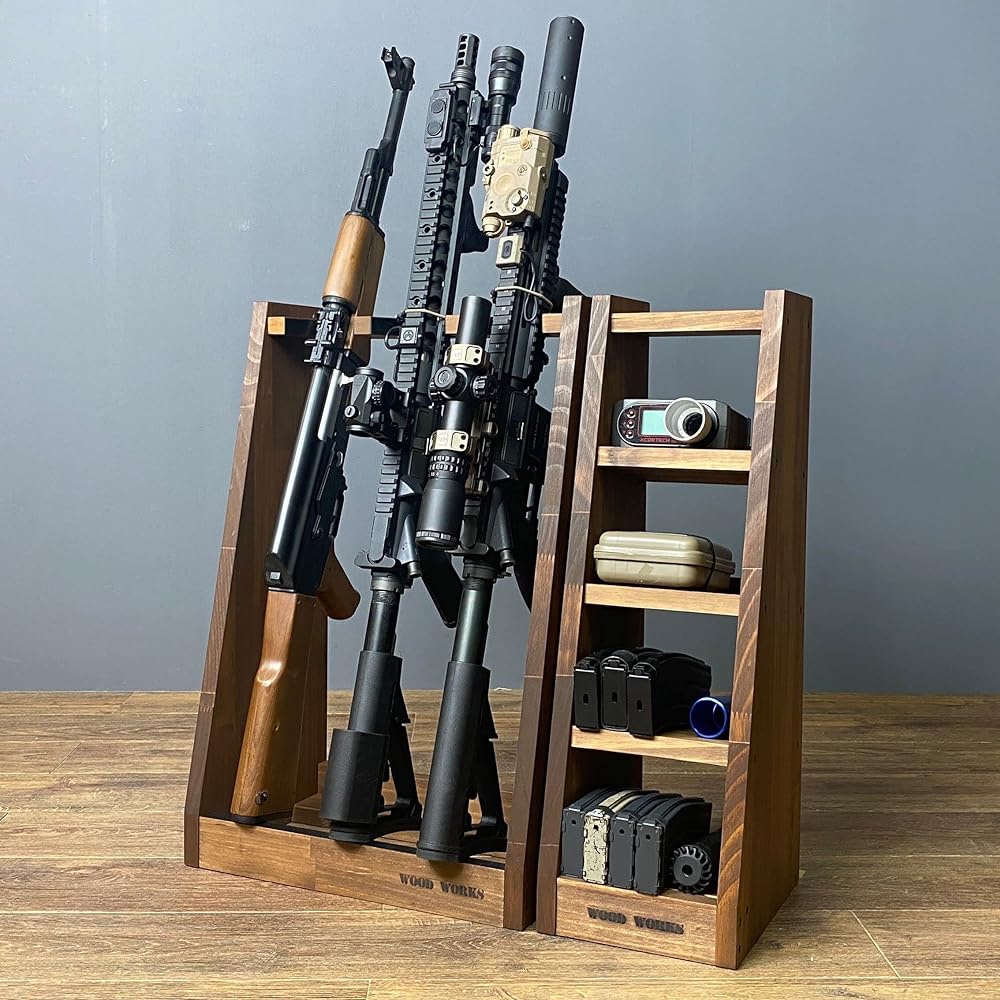WOOD WORKS Made in Japan Rifle Stand 3-Hold + Magazine Rack Set (Brown)