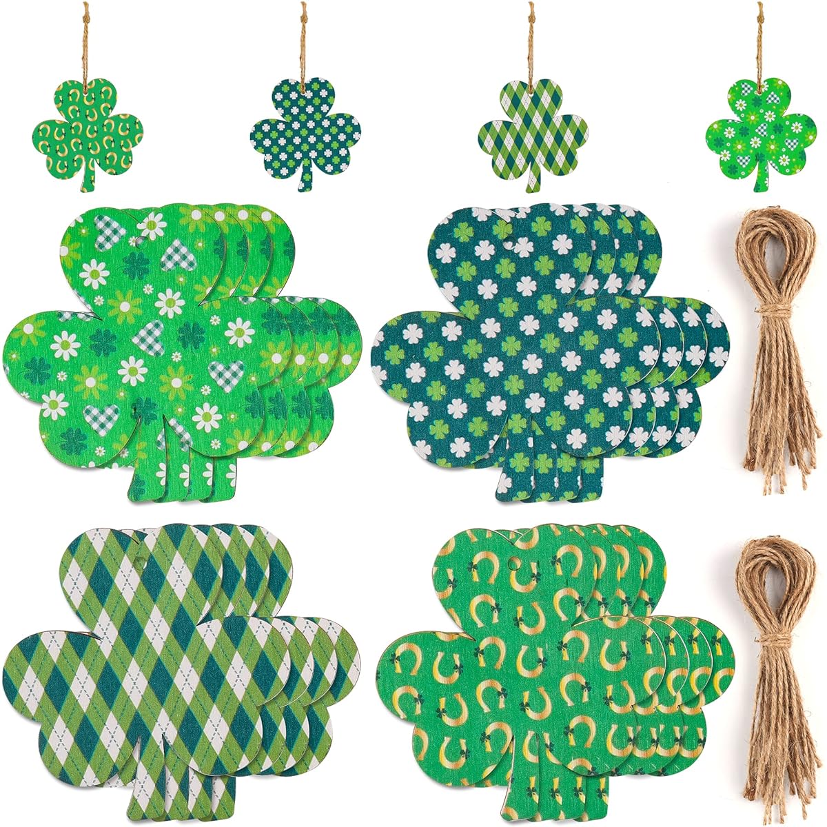 WBCBEC 24 Pieces St. Patrick's Day Decorations Wooden Shamrock Clover Ornaments Shamrock Wooden Ornaments Hanging Ornaments with Rope St. Patrick's Day Tree Table Decor