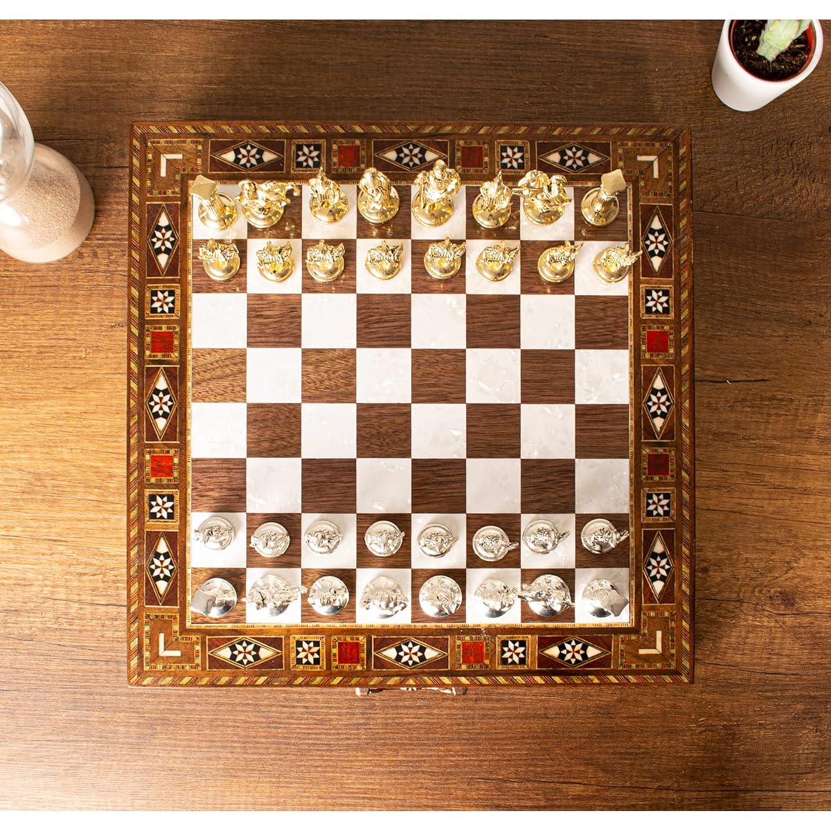 Premium Wooden Chess Set with Board Drawer and Metal Chess Pieces, Walnut Rosewood, Mosaic Pattern, Gift for Her, Him, Birthday, Anniversary, Dad, Adults, Kids