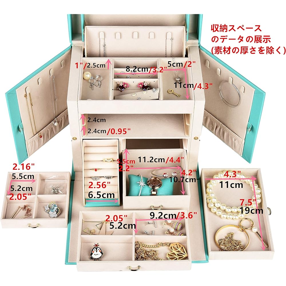 SANSREPONSE Jewelry Box, Complete Set of 3 Items, Large Capacity, Luxurious Accessory Case, Accessory Storage, Accessory Box, Jewelry Box with Key, Mirror, Earrings, Necklace, Ring Holder (L-TF Blue)