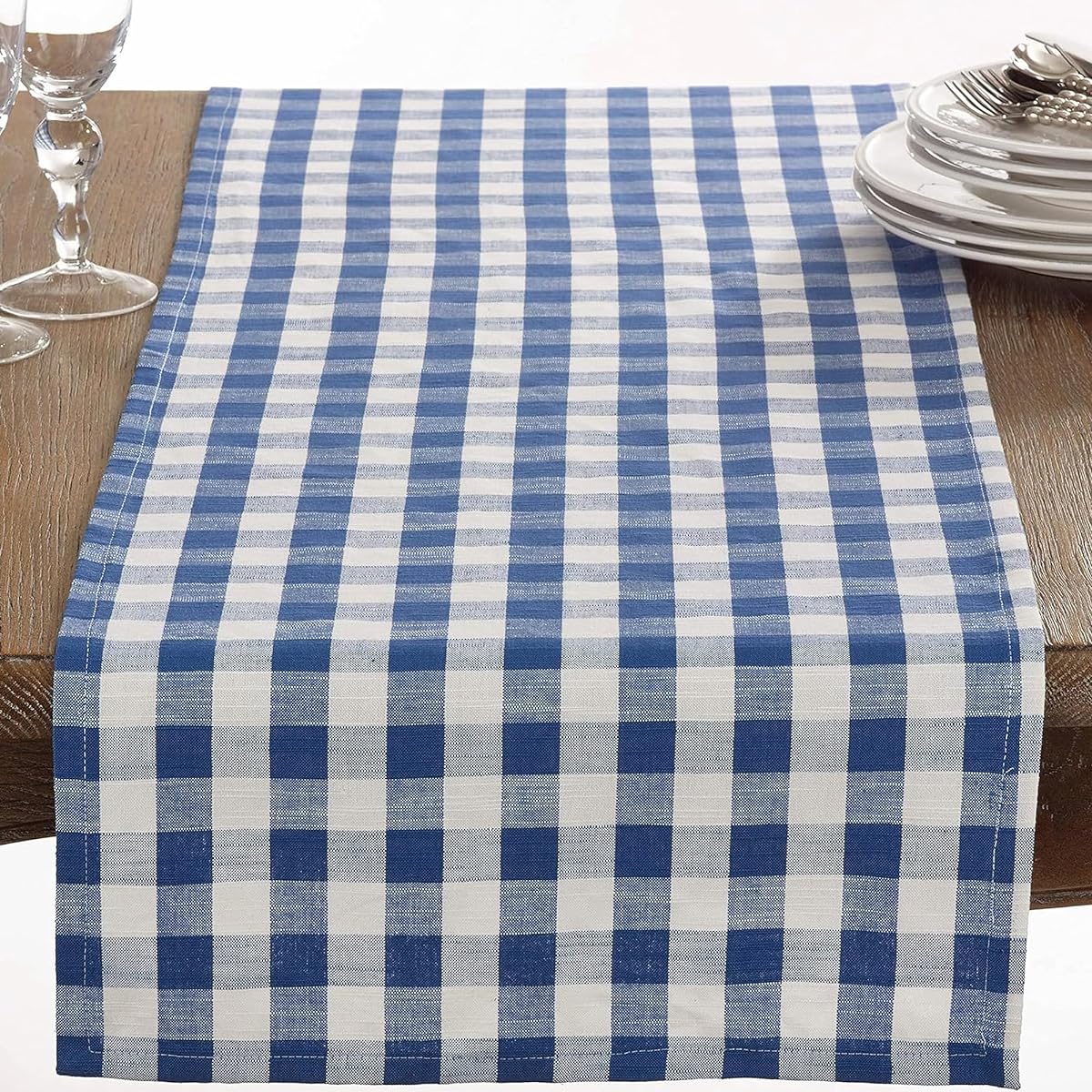 SARO Gingham Design Runner Blue