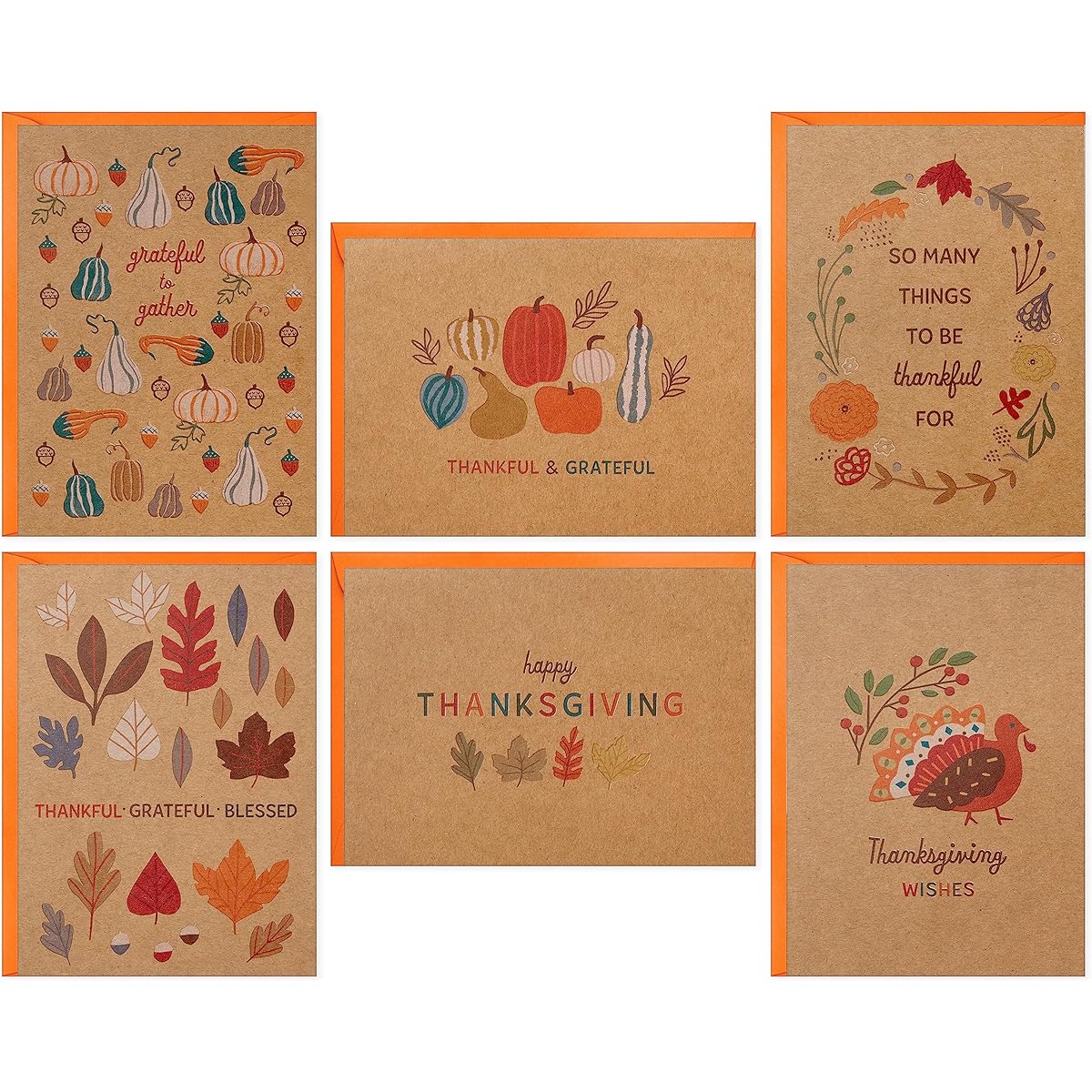 Hallmark Kraft Thanksgiving Card Assortment (24 Cards with Envelopes) Leaves, Pumpkins, and Gourds