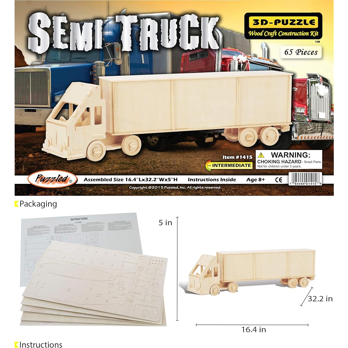 Puzzled, Inc. 3D Natural Wood Puzzle - Semi Truck