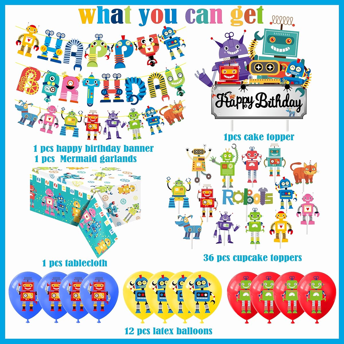 Robot Birthday Party Decorations Robot Birthday Banner Robot Cupcake Toppers Birthday Boys Gear Robot Party Supplies