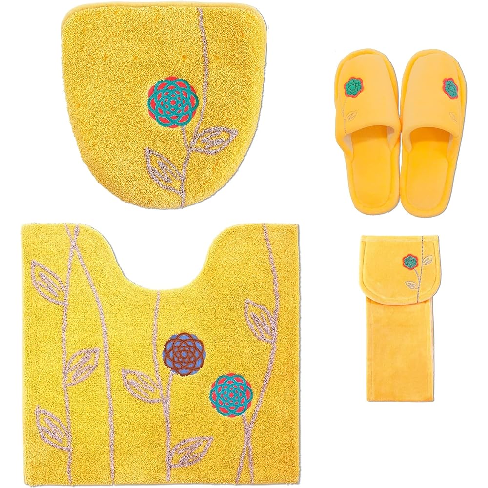 Toilet Mat Set 4 Pieces Scandinavian Yellow Washing Heating Type Lid Cover Slippers Paper Holder Cover Toilet Mat Set Money Luck Yellow 4 Pieces Oka Etofu Flower Feng Shui