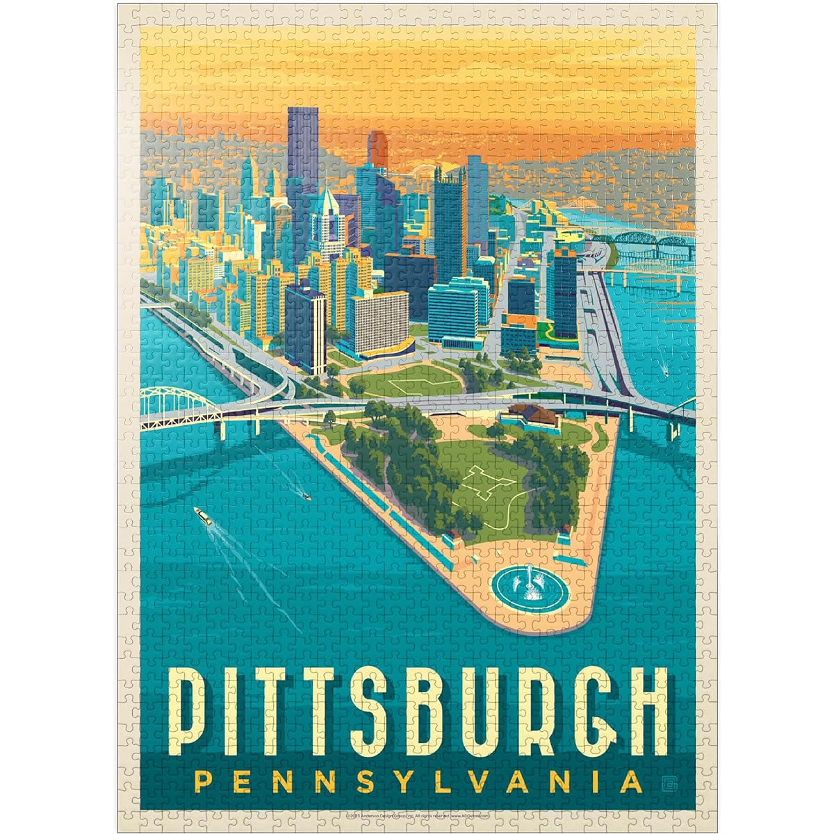 Pittsburgh, Pennsylvania: Bird's Eye View Vintage Poster - Premium 1000 Piece Jigsaw Puzzle for Adults