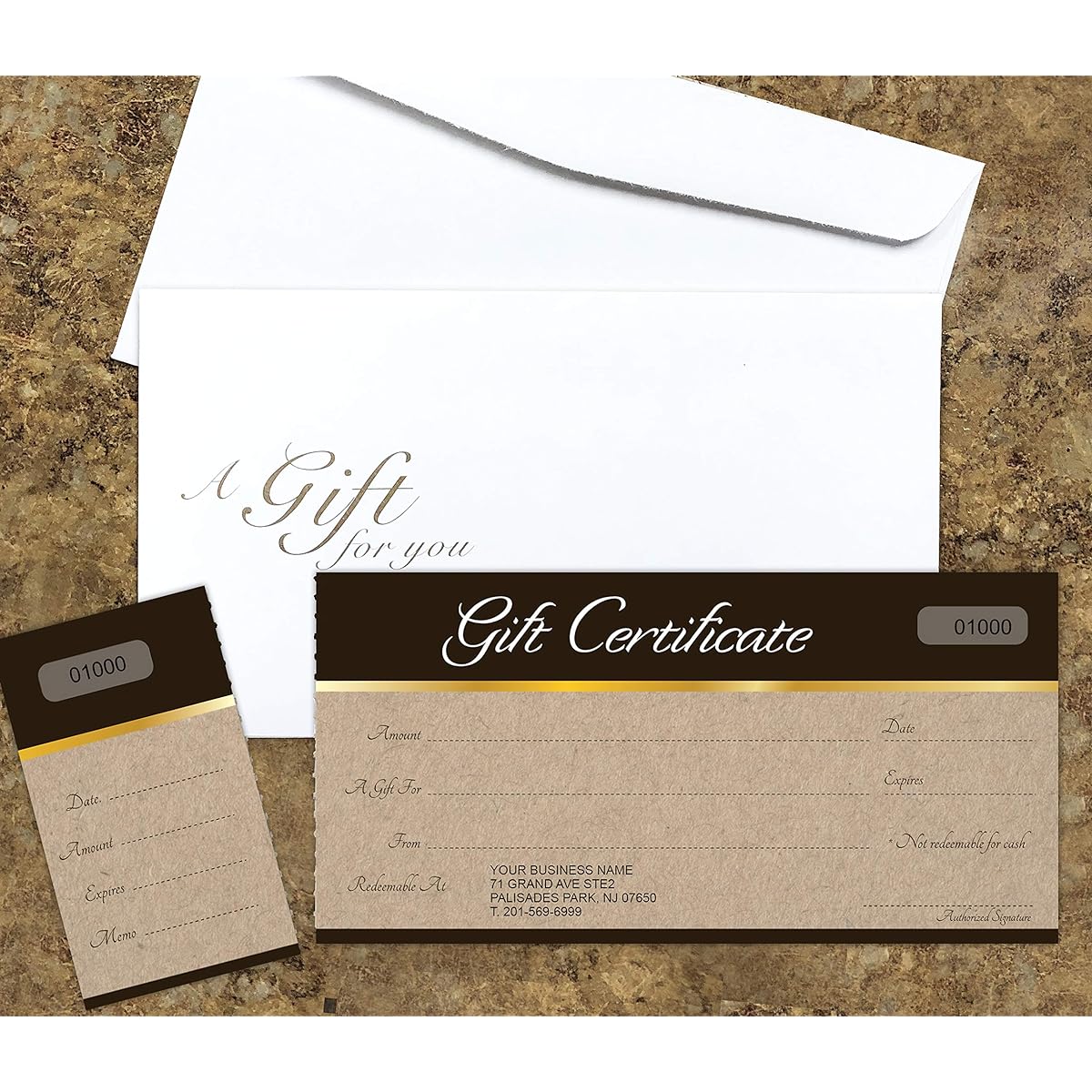 Business Gift Certificate with your store name and address, free envelopes and sequential number printing (Sephia)