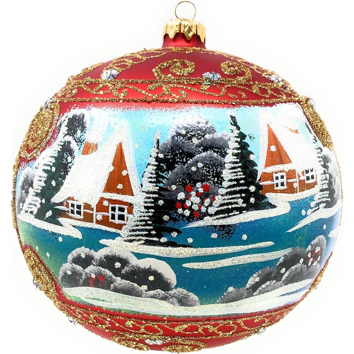 Polish Gallery Christmas Ornament, Winter Country Scene, Blown Glass Ball, 6" (Red Matte, 150mm)