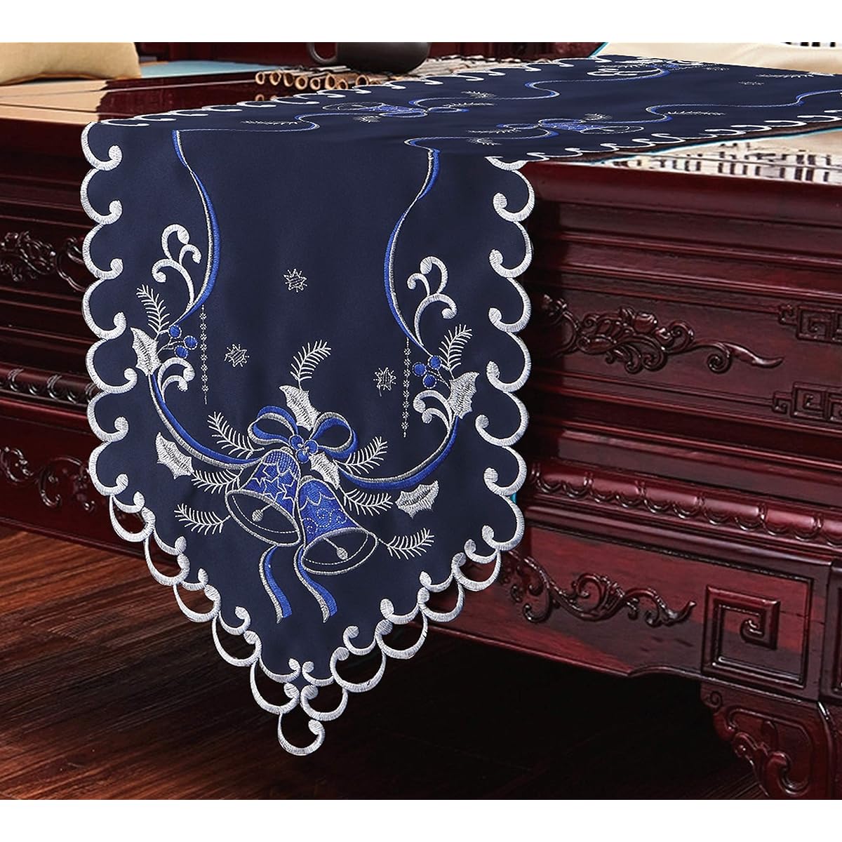 GRANDDECO Holiday Christmas Table Runner 13"x54" Cutwork Embroidered Floral Christmas Bluebell Dresser Scarf Table Topper Home Dining Christmas Tabletop Decor