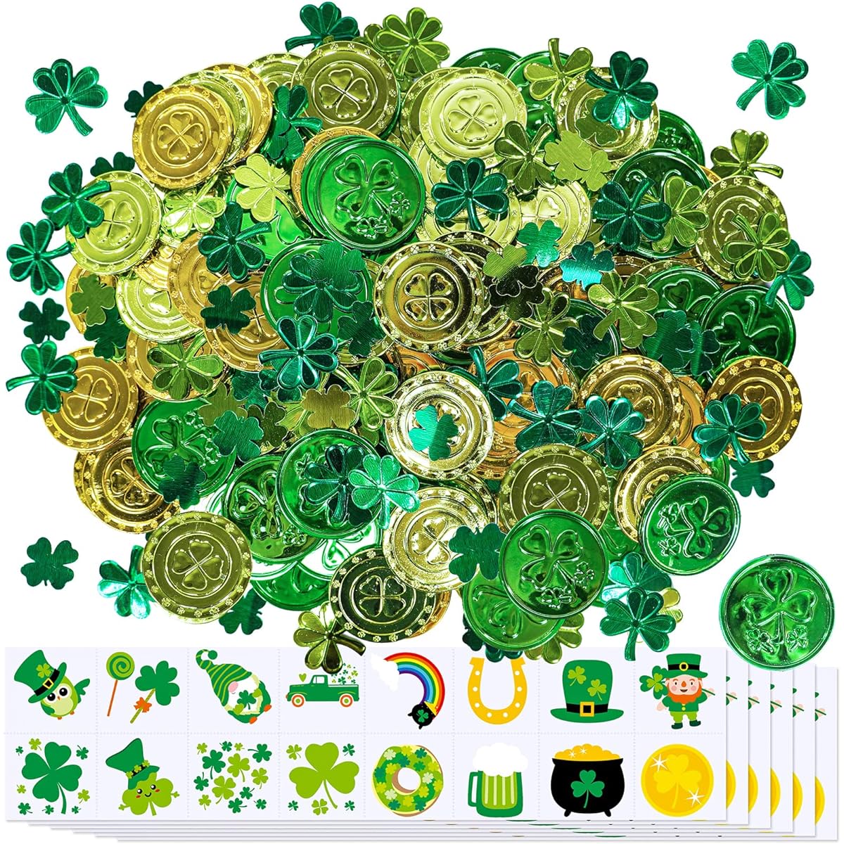 Winlyn St. Patrick's Day Party Decorations Gold Green Lucky Shamrock Four Leaf Clover Plastic Coins Confetti Temporary Tattoos Bulk St. Patrick's Day Party Favors Parade Throw Table Decorations 137 Pieces