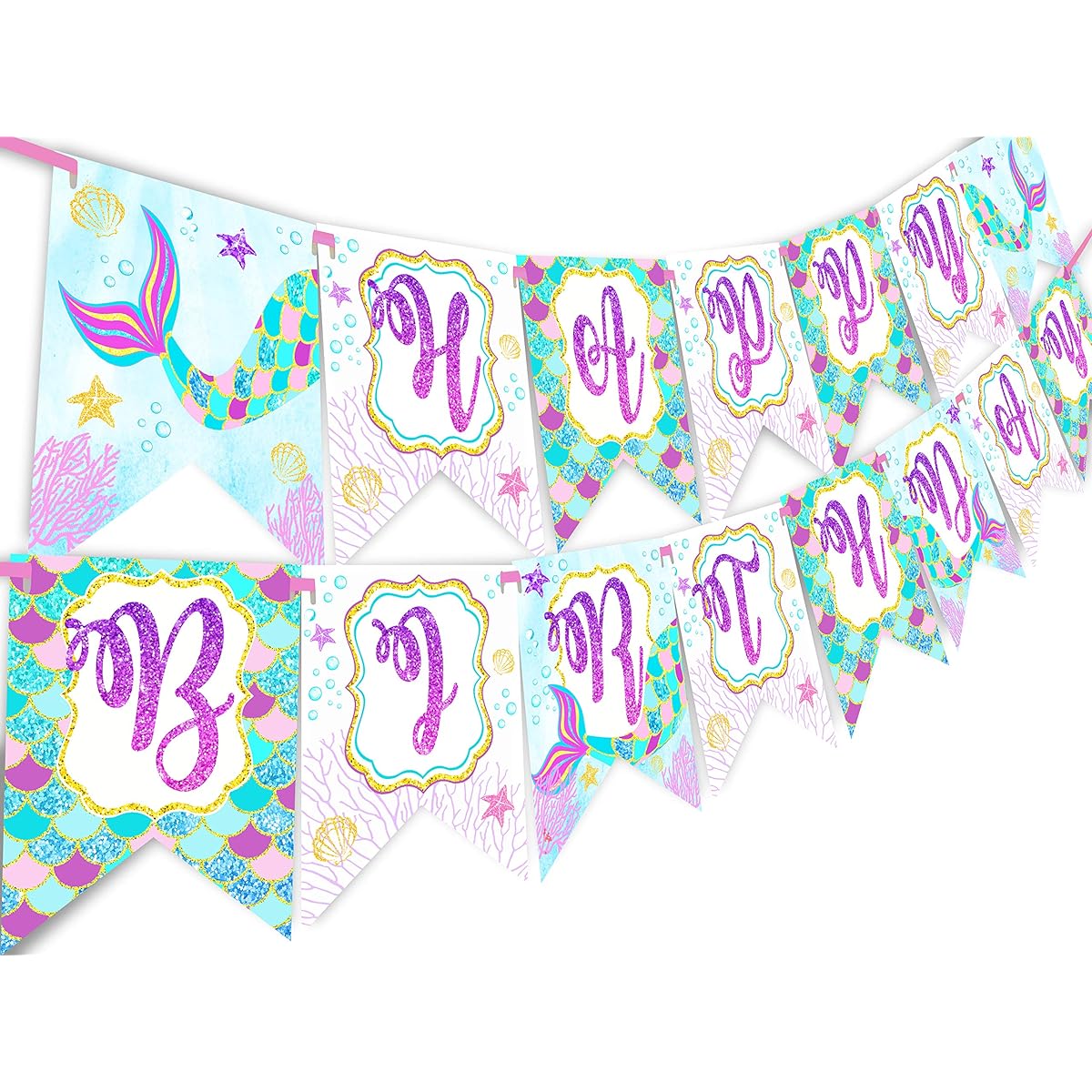 Mermaid Glitter Happy Birthday Banner Pennant Undersea Banner Glitter