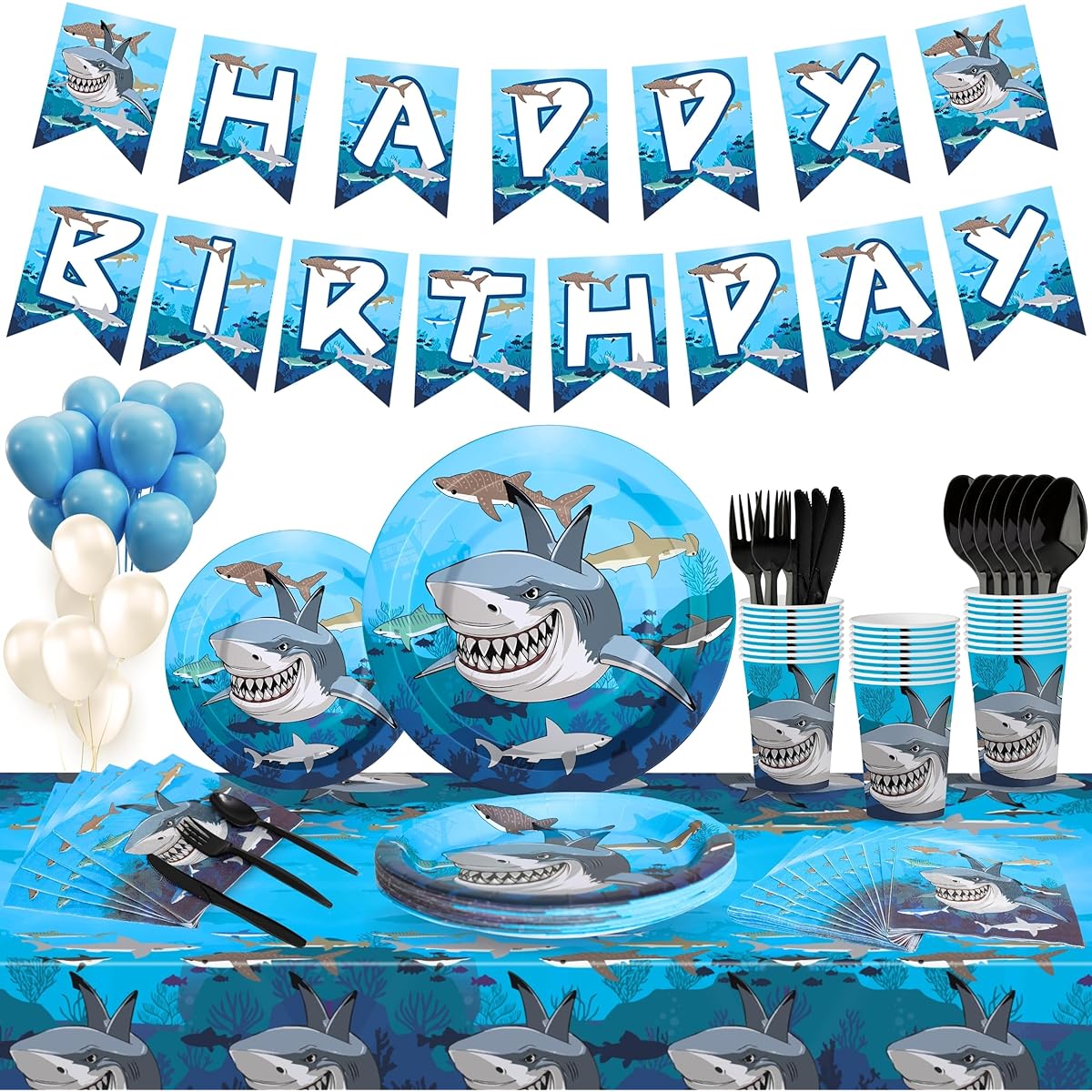 Shark Party Supplies Set - 102 Pieces Banner, Plates, Cups, Napkins, Tablecloth - Serves 25