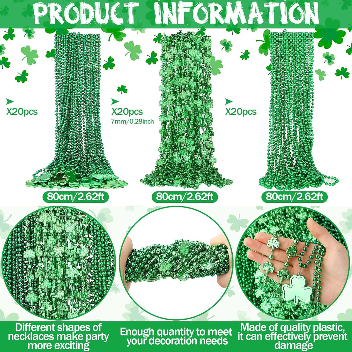 Landical St Patrick Shamrock Necklace Irish Clover Green Bead Pendant Necklace Beaded Necklaces Bulk St Patrick's Day Accessories Green Bead Necklaces for Parade Party Favors 3 Styles, Plastic, Plastic.