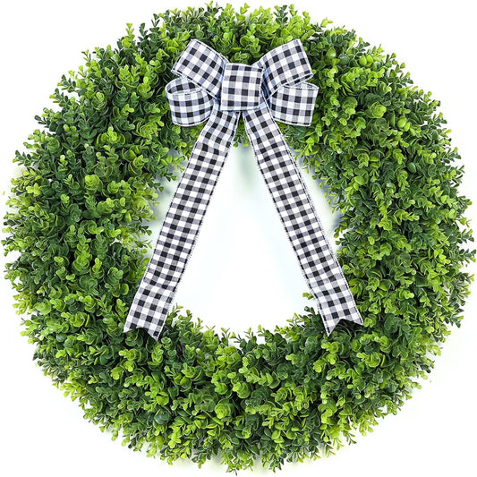 Vlorart Artificial Round Boxwood Wreath 32 Inch Artificial Large Boxwood Wreath Front Door Wreath Artificial Spring Summer Greenery with Plaid Ribbon Villa Wall Hanging Window Wedding Party Decoration