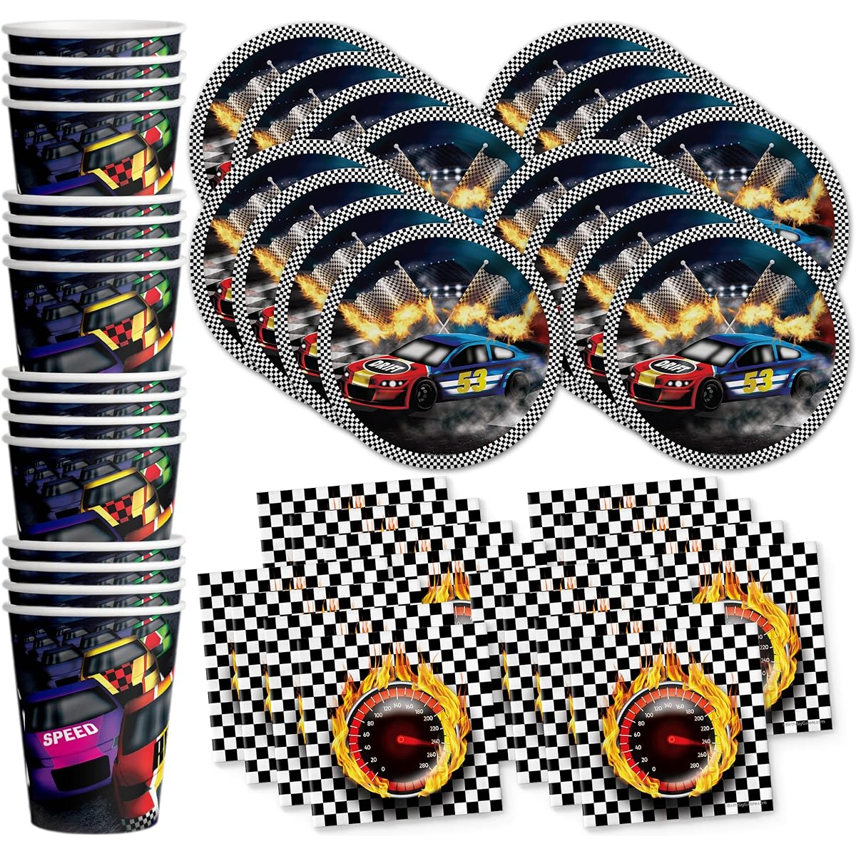 Race Car Party Supplies - Racing Birthday Party Supplies - Car Racing Party Supplies - Race Car Birthday - Boy's Birthday | Tableware Set Includes Plates, Napkins, and Cups | Kit for 16 People
