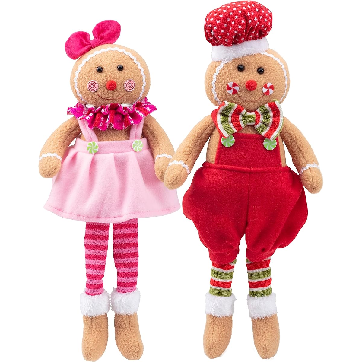 Set of 2 Elf Stuffed Christmas Gingerbread Dolls - 17" Boys and Girls Gingerbread Cookies Cute Shelf Decor - Fun Kids Holiday Toy Buddy, Decorate Home, Tree, House, Festive Santa Gift