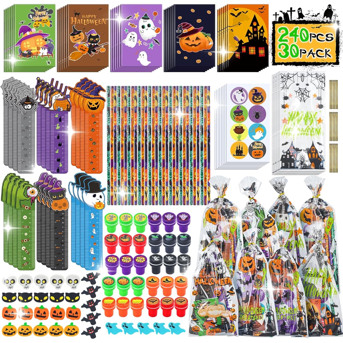 30 Pack Halloween Party Favors 390 Pieces Halloween Stationery Stamps Notes Rulers Stickers Erasers Treat Bags for Kids Trick or Treat Halloween Toys Bulk Gifts Freebies