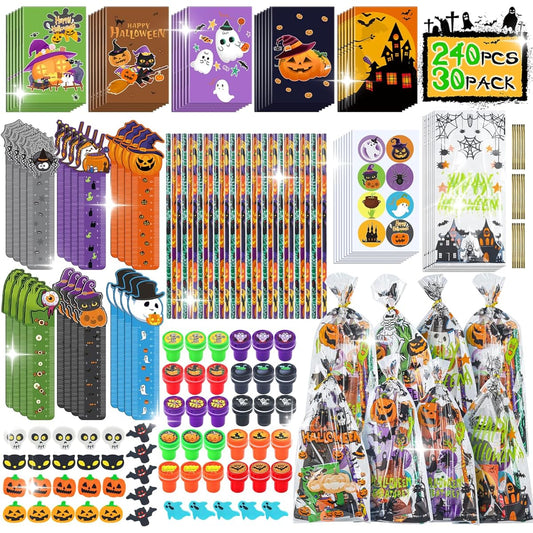 30 Pack Halloween Party Favors 390 Pieces Halloween Stationery Stamps Notes Rulers Stickers Erasers Treat Bags for Kids Trick or Treat Halloween Toys Bulk Gifts Freebies
