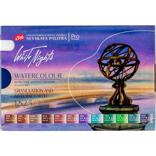 Nevskaya Palitra White NIGHTS Artist Grade Watercolor Paint Set, 12 Full Pans, Granular and Natural Earth Tones, Plastic Box