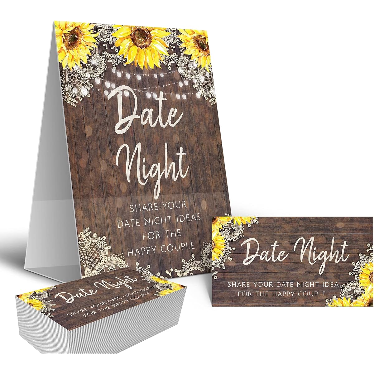 Sunflower Rustic Wooden Date Night Game Sign and Card Perfect for Bridal Shower or Wedding Floral Pattern