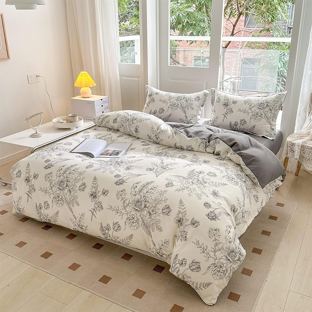 BUKAROOM [Duvet Cover Set Single 3 Piece Set] Pillowcase Duvet Cover Fitted Sheet Bedding Cover Floral Pattern Stylish Black (Hover Cover 150*210cm)