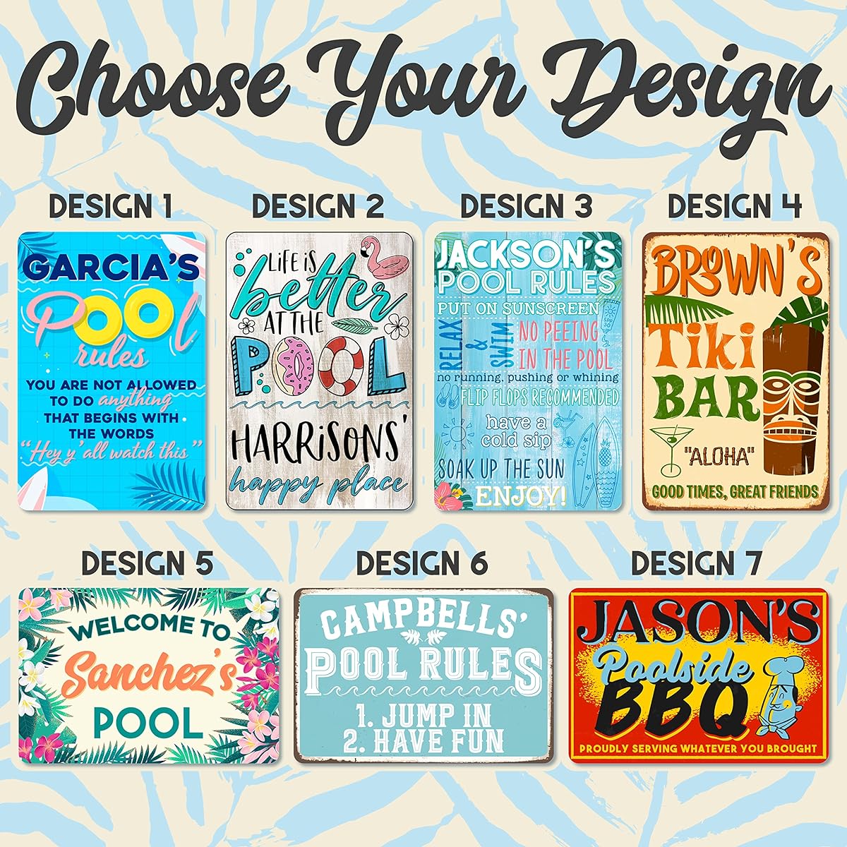 Name Pool Sign - Indoor/Outdoor Metal Sign for Garden/Patio/Hot Tub/Pool Deck | 7 Unique Designs | Custom Gift for Swimming Pool Owners Interesting Backyard Decor