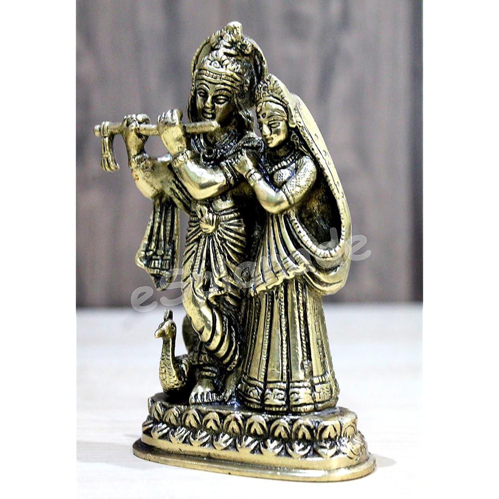 StonKraft Radha Krishna Pair Murti Idol Statue Sculpture - Antique 6" Brass Multicolor