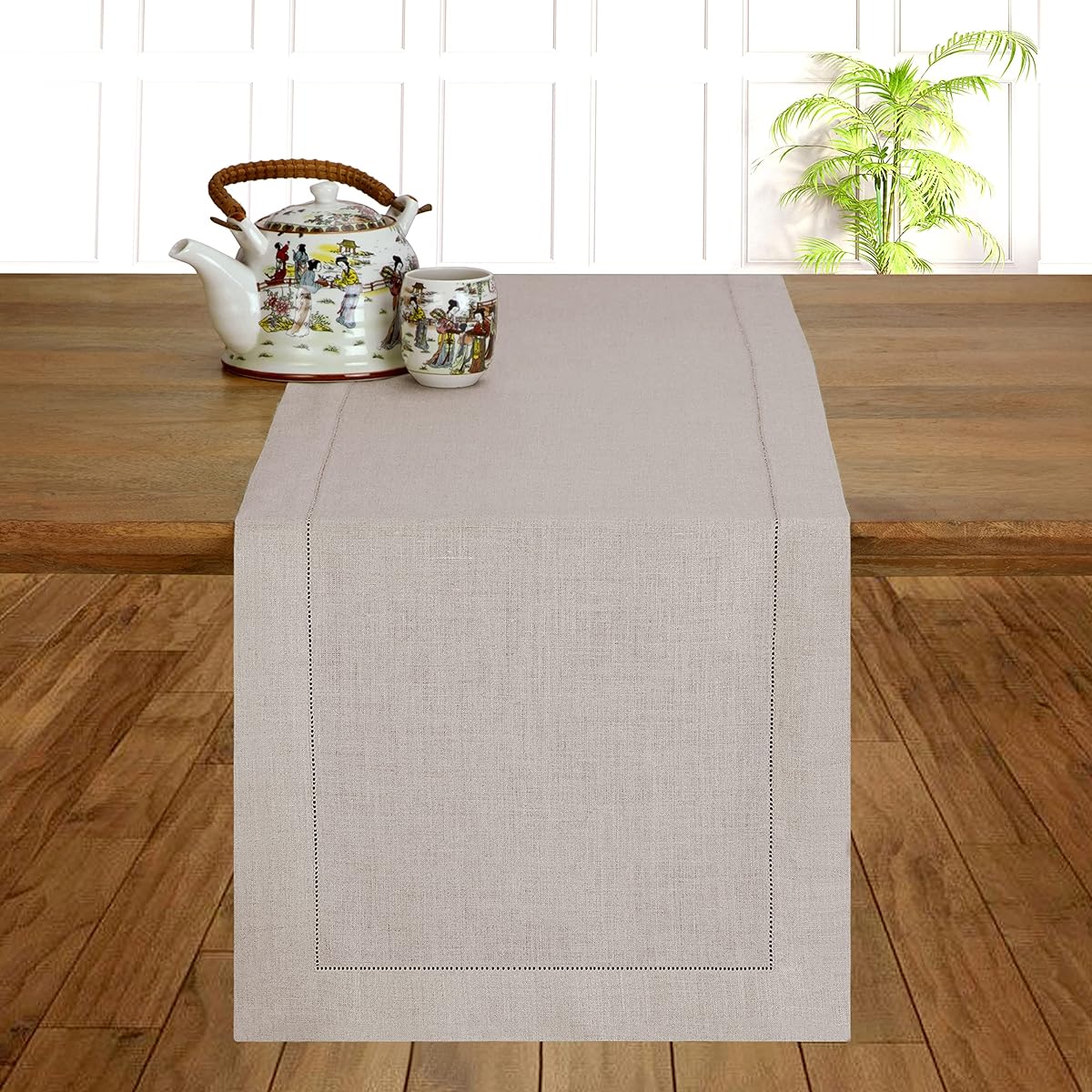 D'Moksha Homes 100% Pure Linen Table Runner/Dresser Scarf, Handcrafted from European Flax, Machine Washable, Classic Hemstitch, 14 x 60 Inch, Natural