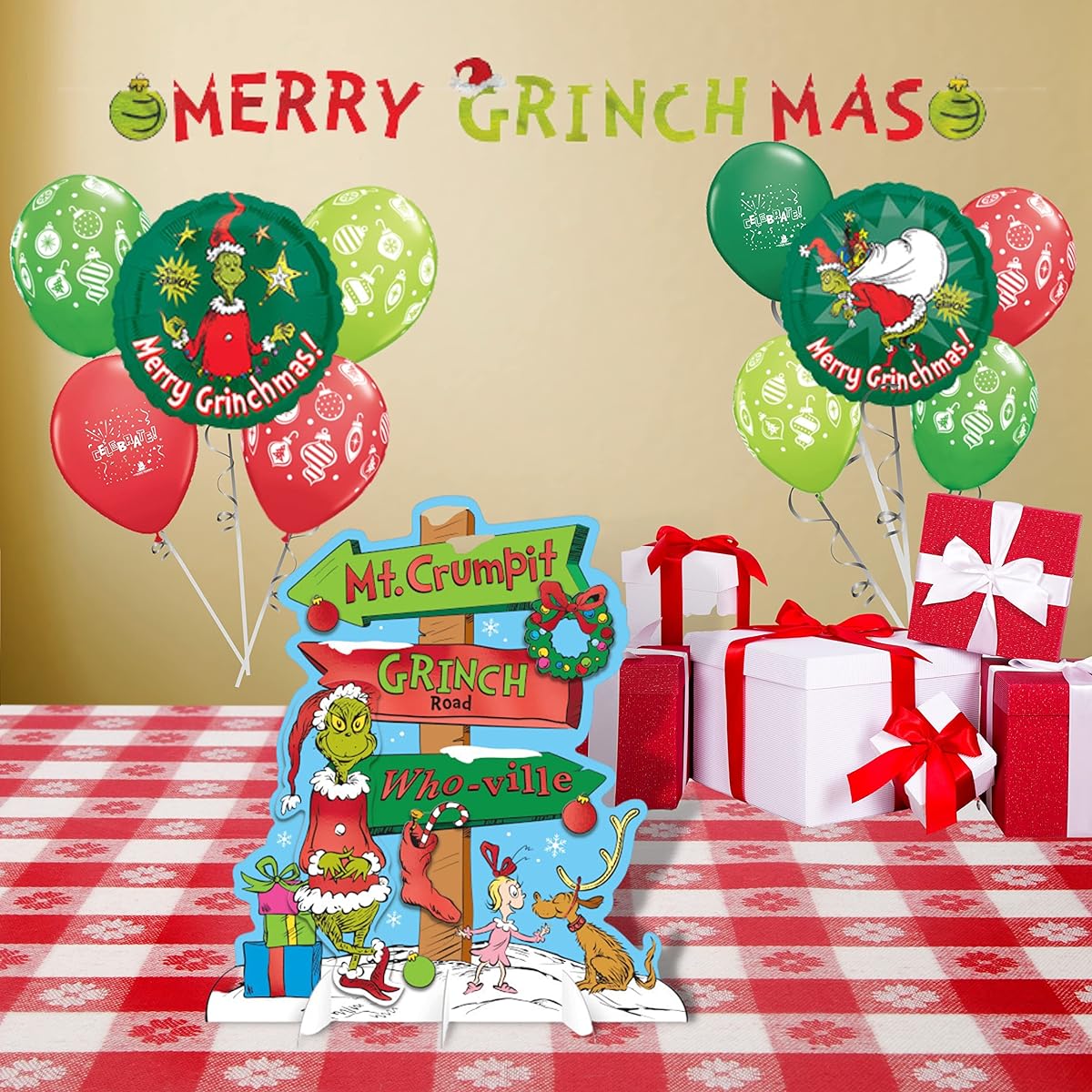 Grinchmas Grinch Whibble Christmas Decorations - Set of Merry Grinchmas Sign, Grinch Table Decor and Balloons