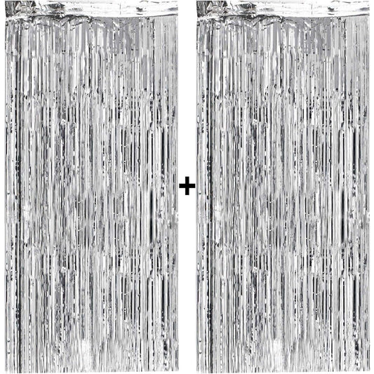 (2-Pack Silver) - Metallic Gold Silver Foil Fringe Curtain Shiny Tinsel For Party, Birthday, Prom, Photo Booth, Special Event ( 0.9m x 2.4m) Curtains (2-Pack Silver)