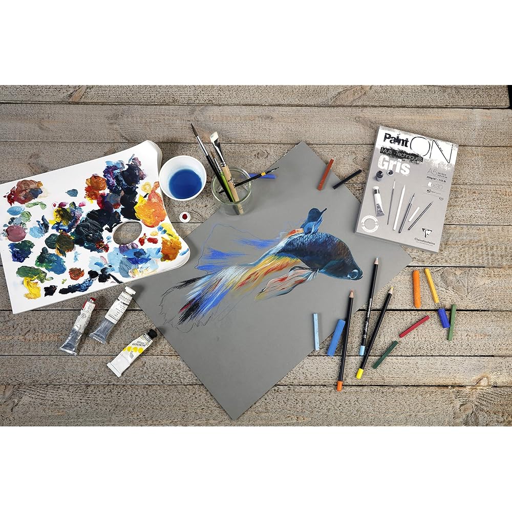 Clairefontaine Paint-on A2 Pad Gray 30 sheets 250g/㎡ Mixed media paper PEFC certified Acid-free ISO9706 standard Watercolor Oil Pastel Acrylic Ink Pencil Clairefontaine cf975811