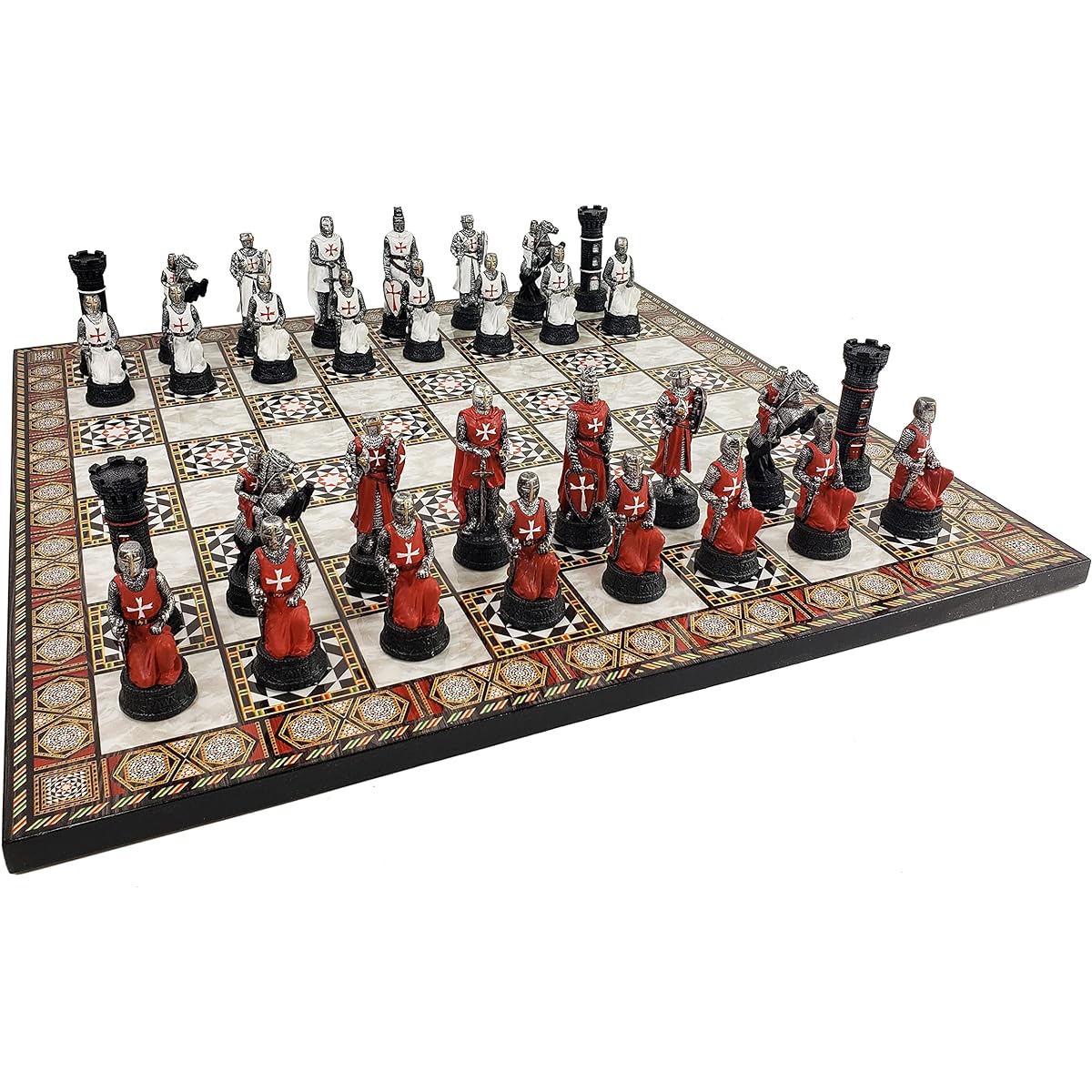 Medieval Era Crusader Warrior Chess Set Red and White Maltese Cross with 17" Mosaic Design Board