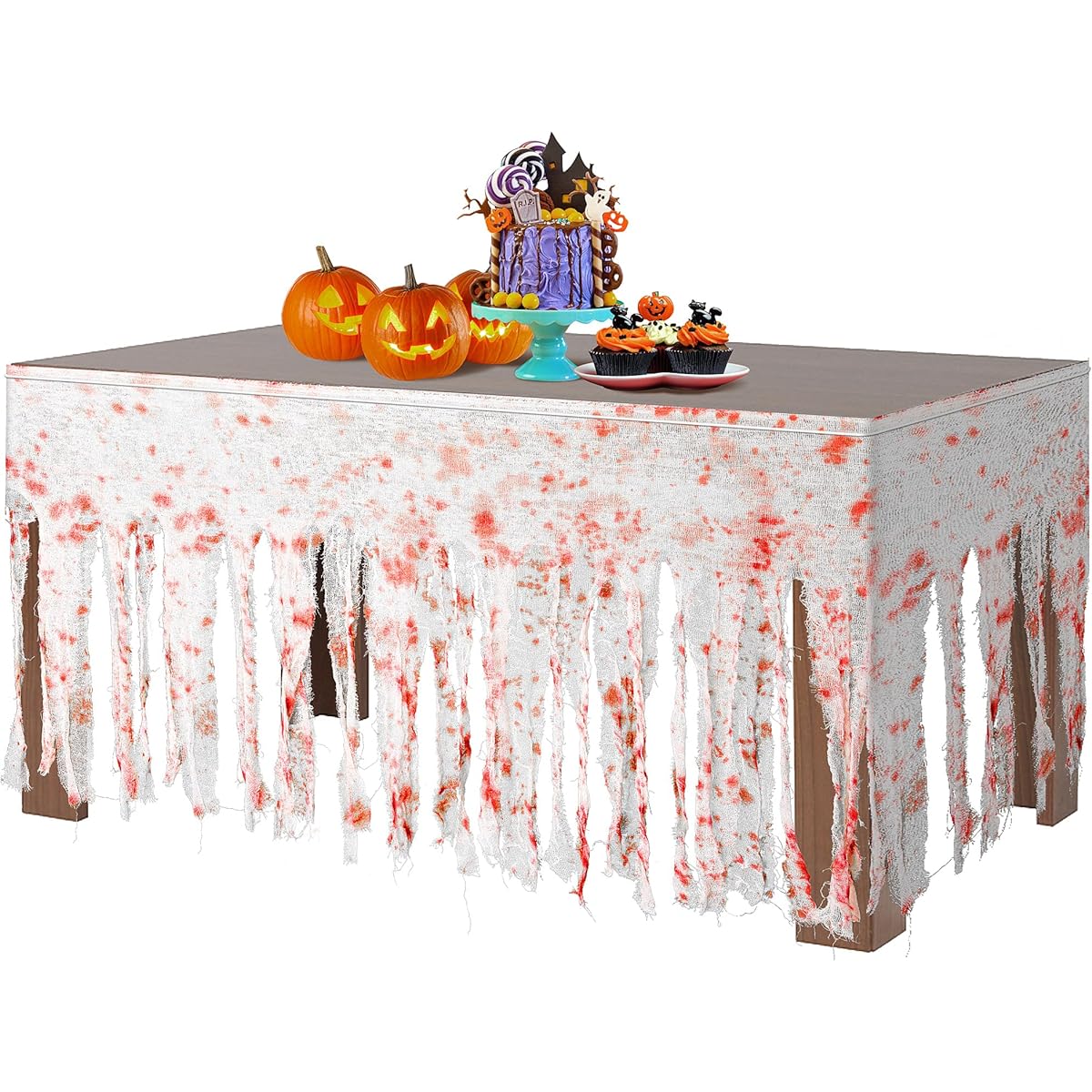 codree 300 x 30 inch Halloween Blood Cloth Decorations - Creepy Bloody Gauze Table Skirt - Scary Creepy Gauze Cloth with Rope for Halloween Theme Party Haunted House Decoration