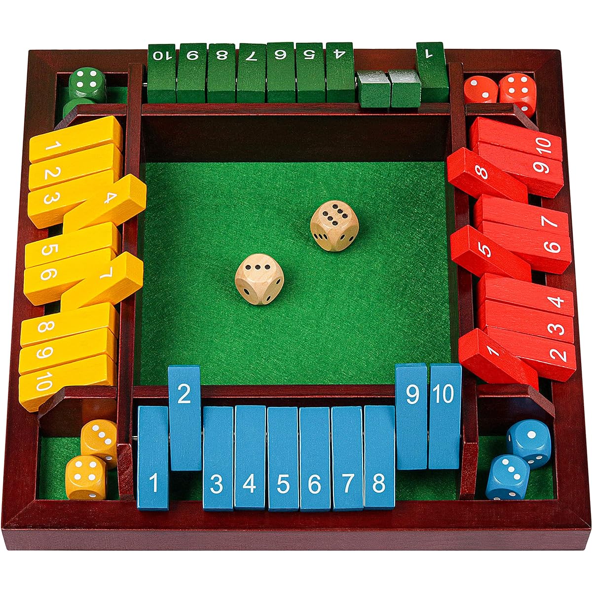 Coogam Shut The Box Dice Game Wooden Board Math Game Family Pub Bar 1-4 Players with 10 Color Dice for Adults Kids 3 4 5