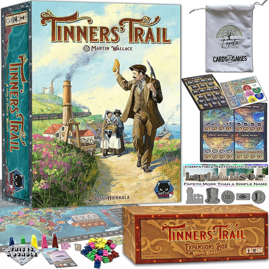 Tin Miners of The 19th Century in Cornwall Board | TINNERS Trail | Game Base and Expansion: Immigrant & Arsenic Market Bundle Includes Random Color Drawstring Bag and 13 Compatible Tokens