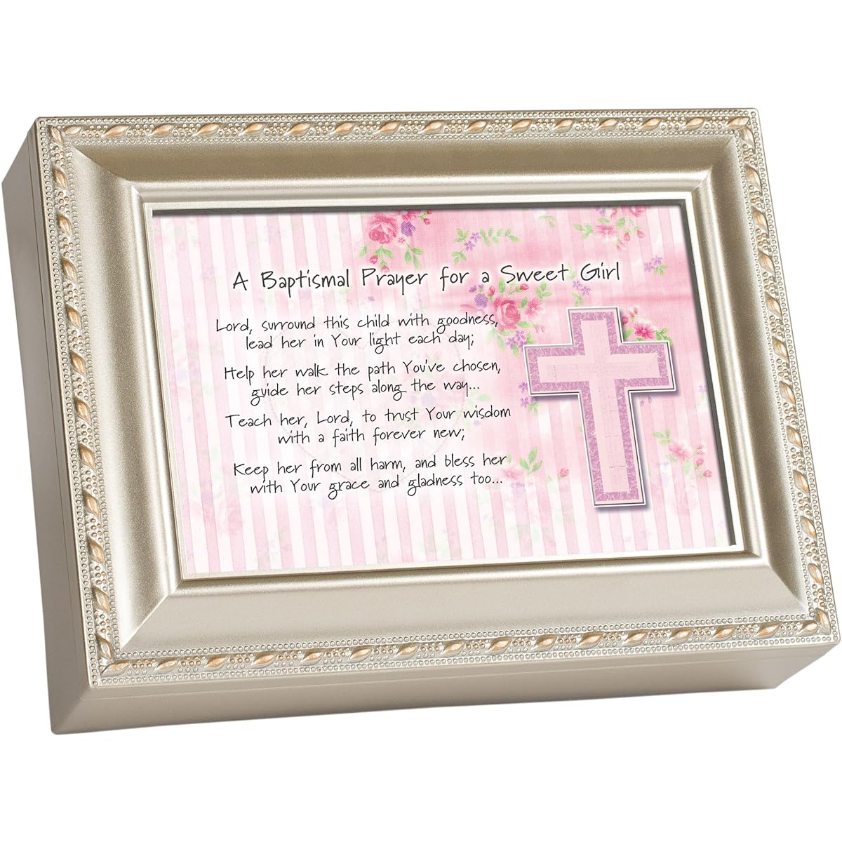Baptismal Prayer Girl Pink Champagne Silver Finish Music Jewelry Box Plays Jesus Loves Me