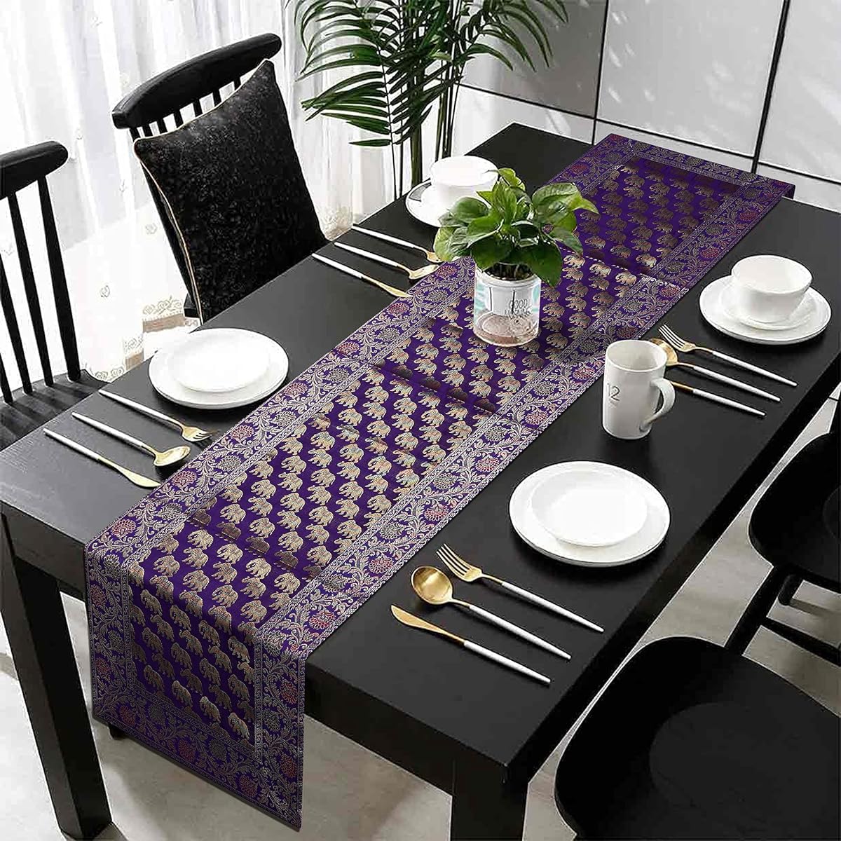 Blue Indian Elephant Silk Table Runner