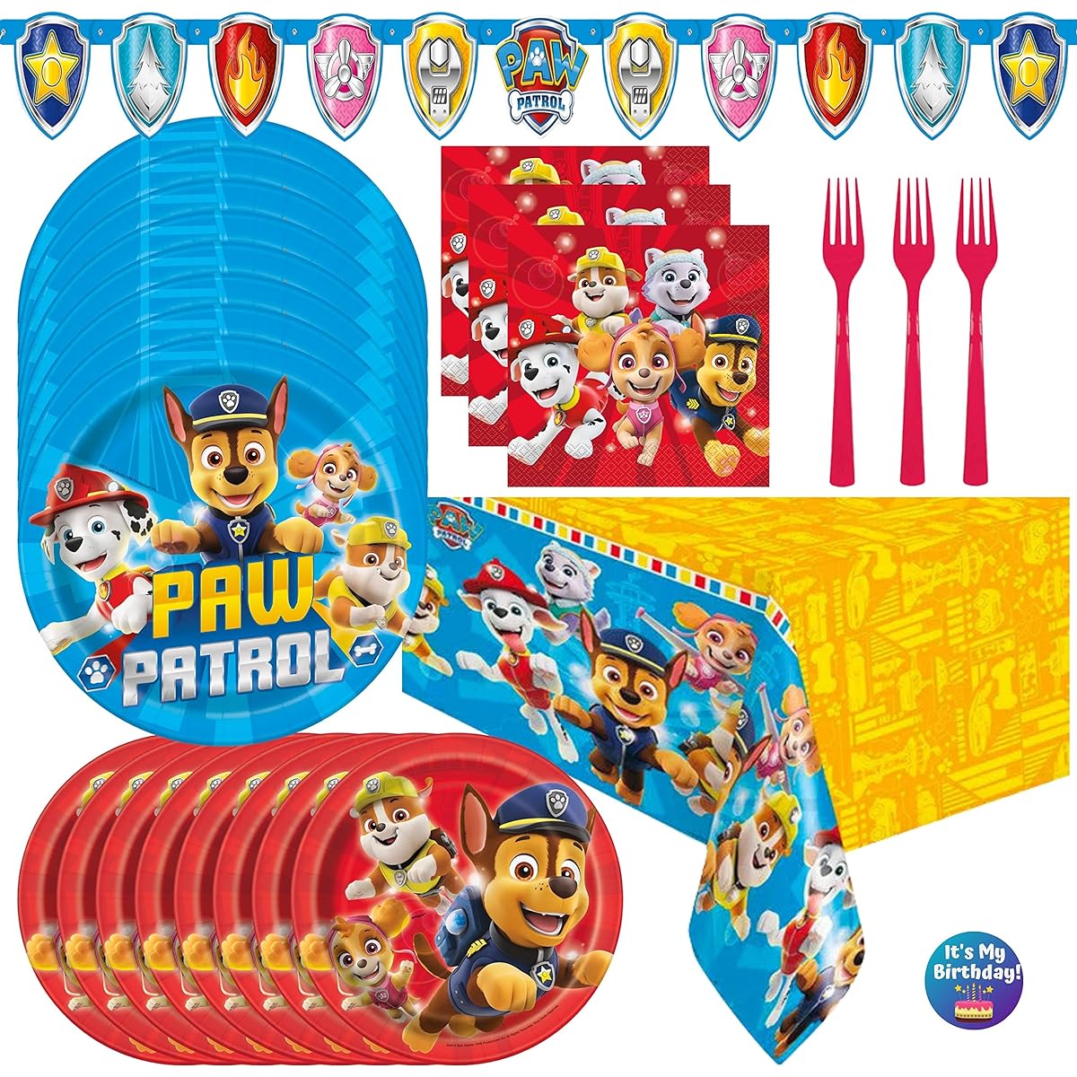 Paw Patrol Birthday Decorations - Serves 16 - Paw Patrol Party Supplies Plates Napkins Forks Table Cover Banner Stickers