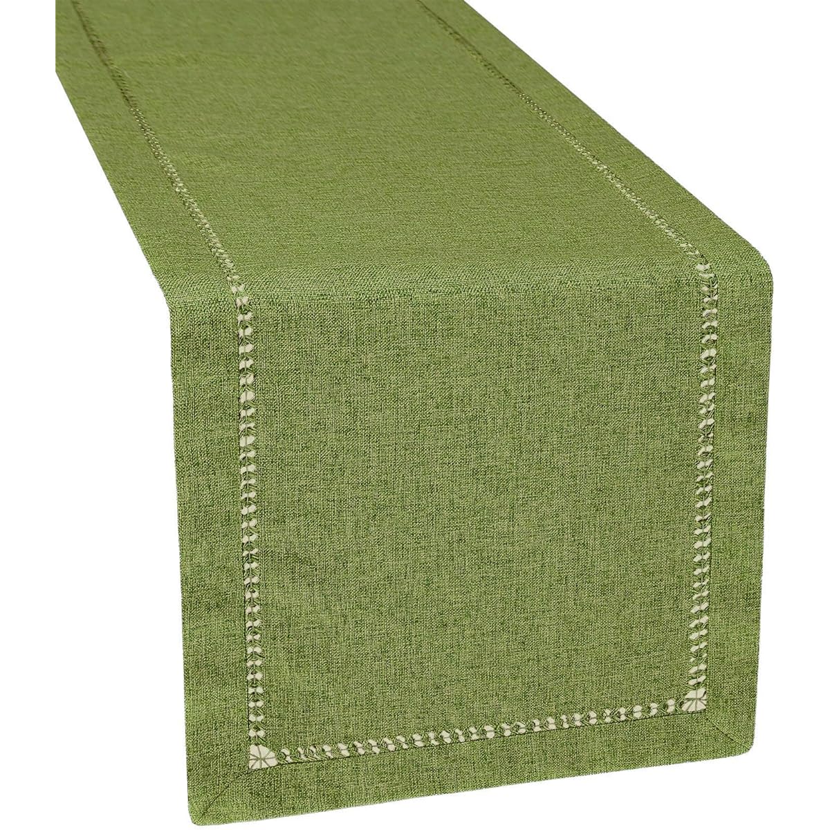 Grelucgo Double Hemstitch Farmhouse Rustic Solid Olive Green Table Runner (14x90 inches)